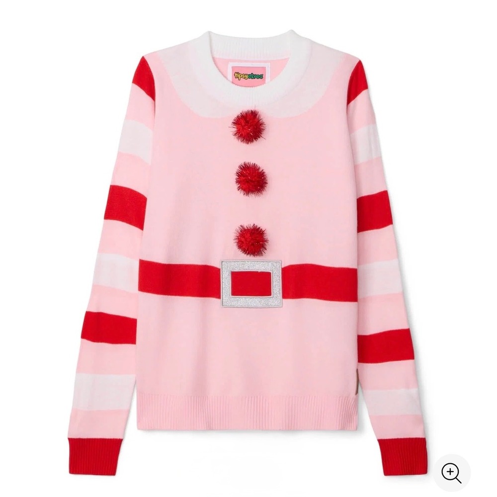Tipsy Elves Pink Santa Ugly Christmas Sweater Pom Poms Large Stripe Holiday Knit